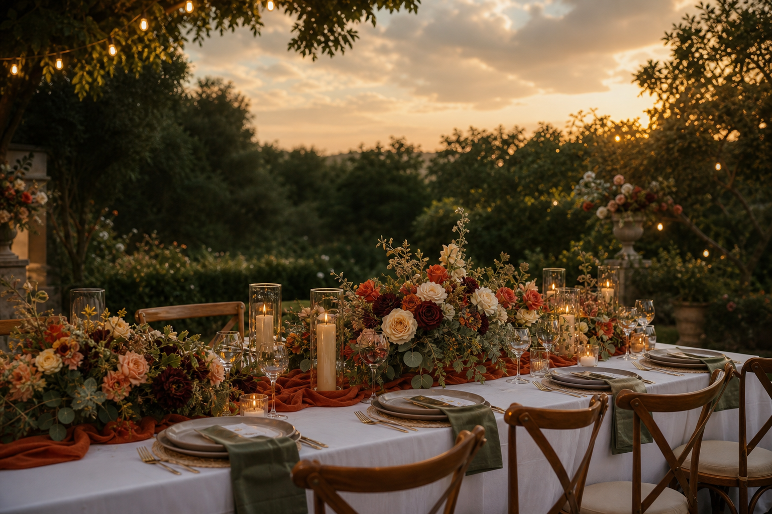 Mesa de boda con flores terracota y verde oliva